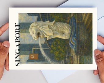 Merlion Park Postcard Art Print: Singapore Travel Souvenir (Digital Download A6 Size)