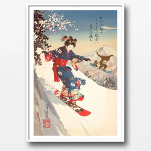 The battle between the courtesan and the monkey was decided by appearance—the courtesan, adorned with a magnificent kimono and hair ornaments, takes on a monkey in a snowy mountain. The monkey's face turns bright red from the courtesan's graceful gliding. A Japanese retro-futuristic style that blends ukiyo-e style with a pop illustration touch. Digital art download.