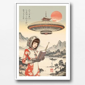 Puede incluir: Impresión enmarcada que presenta una escena retro-futurista. Una mujer con traje espacial sostiene un dispositivo, con un OVNI y un paisaje de estilo japonés en el fondo. La obra de arte tiene una estética vintage con un sol rojo y elementos japoneses tradicionales.