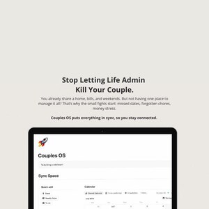 May include: A tablet screen showing the Couples OS app, with a calendar and sync space visible. The text on the screen reads "Stop Letting Life Admin Kill Your Couple." The app is designed to help couples manage shared tasks and schedules.