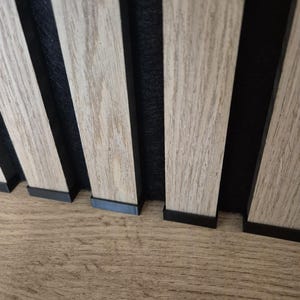 Può includere: Primo piano di un pannello a doghe di legno. I pannelli sono marrone chiaro con una texture a venature del legno, separati da linee verticali nere. La parte inferiore dei pannelli ha finiture nere. Lo sfondo è grigio scuro.