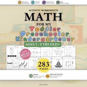 May include: A colorful educational worksheet set titled "MATH" for toddlers, preschoolers, and kindergarteners aged 3-5. The cover features the text "ACTIVITY WORKSHEETS" and "283 PAGES". Includes math, skill-building, and early concentration activities.