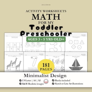 Folha de Atividades Matemáticas para Crianças Pequenas | Pacote de Aprendizagem Pré-escolar: Números, Formas e Lógica | Matemática para Educação Domiciliar e Jardim de Infância - PDF Imprimível Minimalista em Preto e Branco