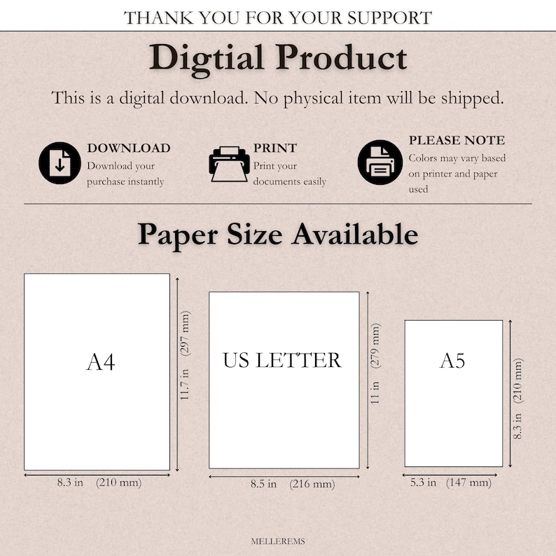 Pode incluir: Imagem de produto digital com texto "Digtial Product". Inclui op&ccedil;&otilde;es de tamanho de papel: A4 (210 x 297 mm), US Letter (216 x 279 mm) e A5 (147 x 210 mm). A imagem tamb&eacute;m diz "Este &eacute; um download digital. Nenhum item f&iacute;sico ser&aacute; enviado."