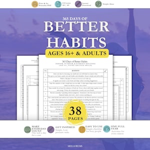 May include: A printable PDF habit tracker titled "365 Days of Better Habits" for ages 16+ and adults. The planner includes indoor, outdoor, and everyday routines. The design features a purple and white color scheme with icons and the text "38 pages."