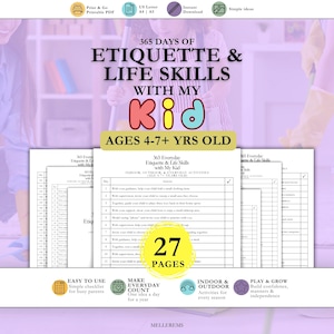 365 Days Kid Etiquette Life Skills, Montessori Activity, Learning Checklist Parent Guide, 1 Year Minimalist Daily Routine & Manners