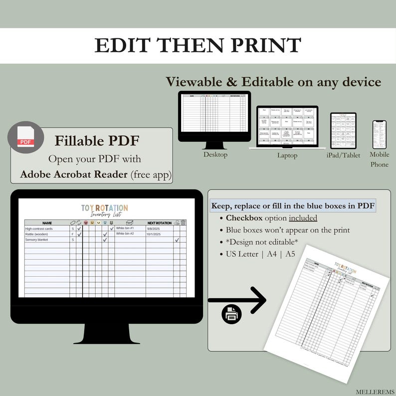 Pu&ograve; includere: Un elenco di inventario di rotazione dei giocattoli stampabile digitalmente, visualizzabile e modificabile su qualsiasi dispositivo. Il PDF include caselle di controllo ed &egrave; disponibile nei formati US Letter, A4 e A5. Il design non &egrave; modificabile.