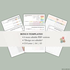 Pu&ograve; includere: Una raccolta di elenchi di inventario di rotazione dei giocattoli e modelli stampabili. I documenti includono sezioni per il monitoraggio dei giocattoli, delle date e delle note. L'immagine include anche il testo "BONUS TEMPLATES!" e "US Letter | A4 | A5".