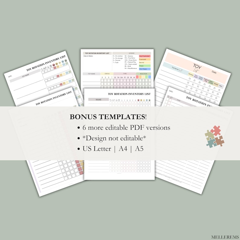 Pu&ograve; includere: Una raccolta di elenchi di inventario di rotazione dei giocattoli e modelli stampabili. I documenti includono sezioni per il monitoraggio dei giocattoli, delle date e delle note. L'immagine include anche il testo "BONUS TEMPLATES!" e "US Letter | A4 | A5".