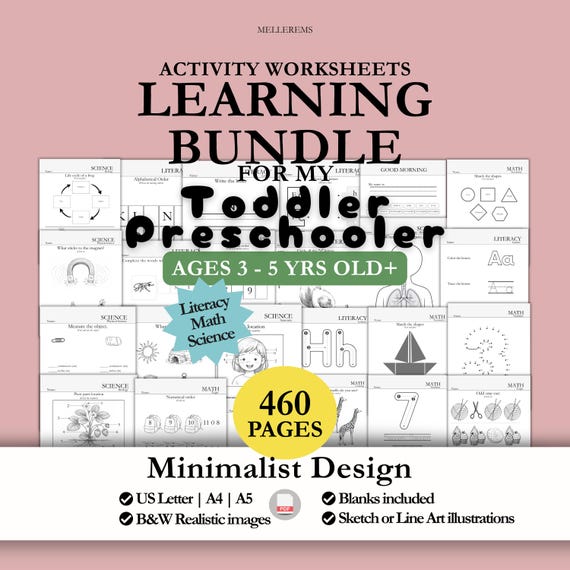 Toddler Worksheets | COMPLETE SET | Preschool Pre-K + Kindergaeten Learning Bundle, 460 Pages | Alphabet Math Science Activities | Printable