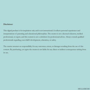 May include: A light blue digital document featuring black text that begins with the word Disclaimer. The text outlines that the content is for inspiration only, not instructional, and includes a liability waiver for the creator, ending with MELLEREMS.