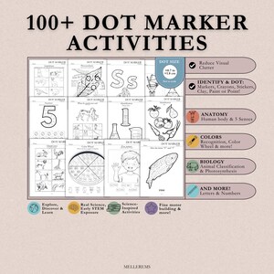 Pode incluir: Um livro de atividades educativas bege intitulado "100+ DOT MARKER ACTIVITIES". O livro apresenta v&aacute;rios exerc&iacute;cios de marcadores de pontos, incluindo n&uacute;meros, letras e ilustra&ccedil;&otilde;es de animais, anatomia e cores. O livro tamb&eacute;m inclui o texto "Explore, Discover & Learn."