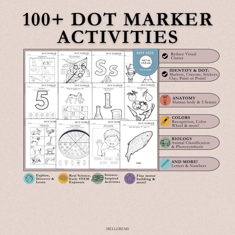 Pode incluir: Um livro de atividades educativas bege intitulado "100+ DOT MARKER ACTIVITIES". O livro apresenta v&aacute;rios exerc&iacute;cios de marcadores de pontos, incluindo n&uacute;meros, letras e ilustra&ccedil;&otilde;es de animais, anatomia e cores. O livro tamb&eacute;m inclui o texto "Explore, Discover & Learn."