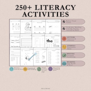 Pode incluir: P&aacute;ginas de atividades de alfabetiza&ccedil;&atilde;o com o texto "250+ LITERACY ACTIVITIES". As p&aacute;ginas incluem pr&aacute;tica de escrita, reconhecimento de palavras e tra&ccedil;ado de letras. Inclui letras mai&uacute;sculas e min&uacute;sculas, sinais de pontua&ccedil;&atilde;o e desenvolvimento da motricidade fina.