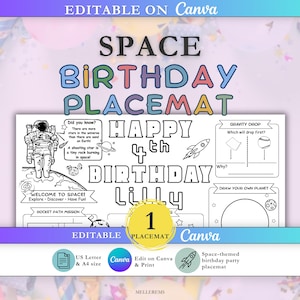 May include: A printable space-themed birthday placemat featuring an astronaut, rocket, and planet illustrations with text that reads SPACE BIRTHDAY PLACEMAT, HAPPY 4th BIRTHDAY LILLY, and various activity sections including Gravity Drop and Draw Your Own Planet.