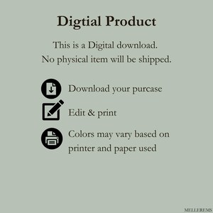 Pu&ograve; includere: Annuncio di prodotto digitale su sfondo verde salvia. Il testo recita "Prodotto digitale" e spiega che si tratta di un download digitale senza spedizione di articoli fisici. Istruzioni per scaricare, modificare e stampare.