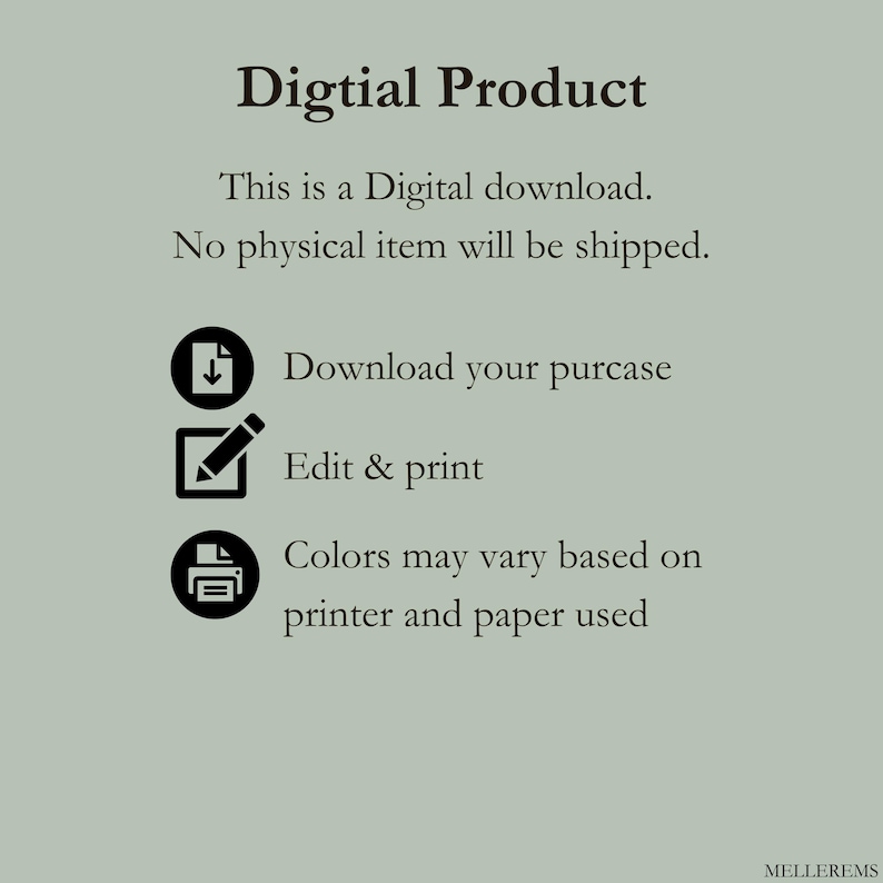 Pu&ograve; includere: Annuncio di prodotto digitale su sfondo verde salvia. Il testo recita "Prodotto digitale" e spiega che si tratta di un download digitale senza spedizione di articoli fisici. Istruzioni per scaricare, modificare e stampare.