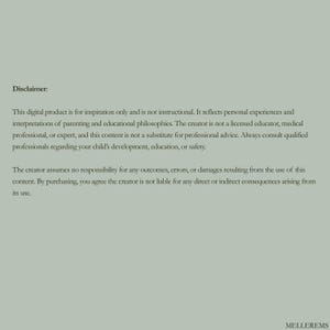 Pu&ograve; includere: Uno sfondo verde chiaro con la parola "Disclaimer" in alto. Il testo spiega che il prodotto digitale &egrave; solo per ispirazione e non &egrave; didattico. Include anche una dichiarazione sulla responsabilit&agrave; e la responsabilit&agrave; del creatore. La parola "MELLEREMS" &egrave; in basso.