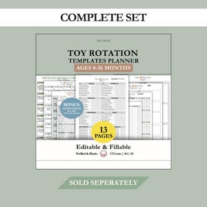 Pu&ograve; includere: Un planner intitolato "Toy Rotation Templates" per bambini da 0 a 36 mesi. Il design include il testo "Complete Set", "Editable & Fillable" e "13 Pages". Il planner &egrave; ispirato a Montessori e disponibile nei formati US Letter, A4 e A5.