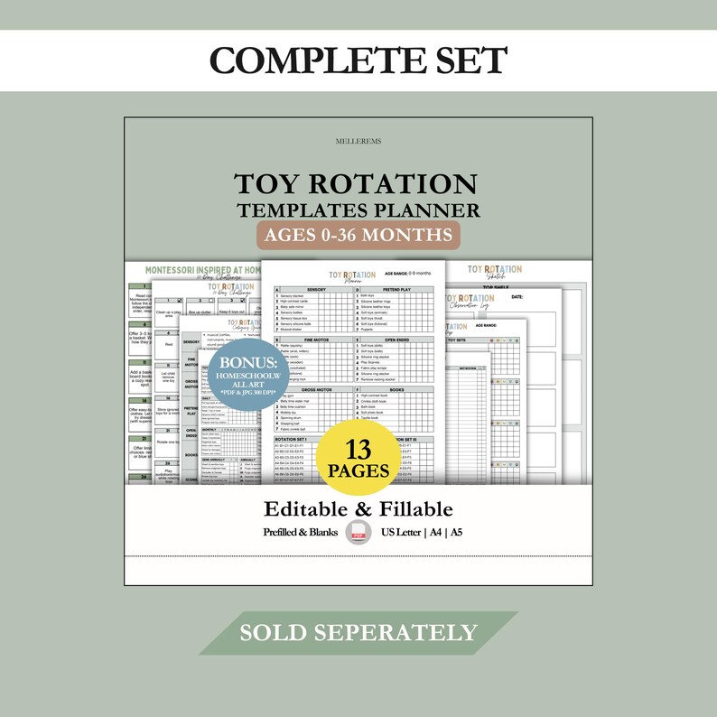 Pu&ograve; includere: Un planner intitolato "Toy Rotation Templates" per bambini da 0 a 36 mesi. Il design include il testo "Complete Set", "Editable & Fillable" e "13 Pages". Il planner &egrave; ispirato a Montessori e disponibile nei formati US Letter, A4 e A5.