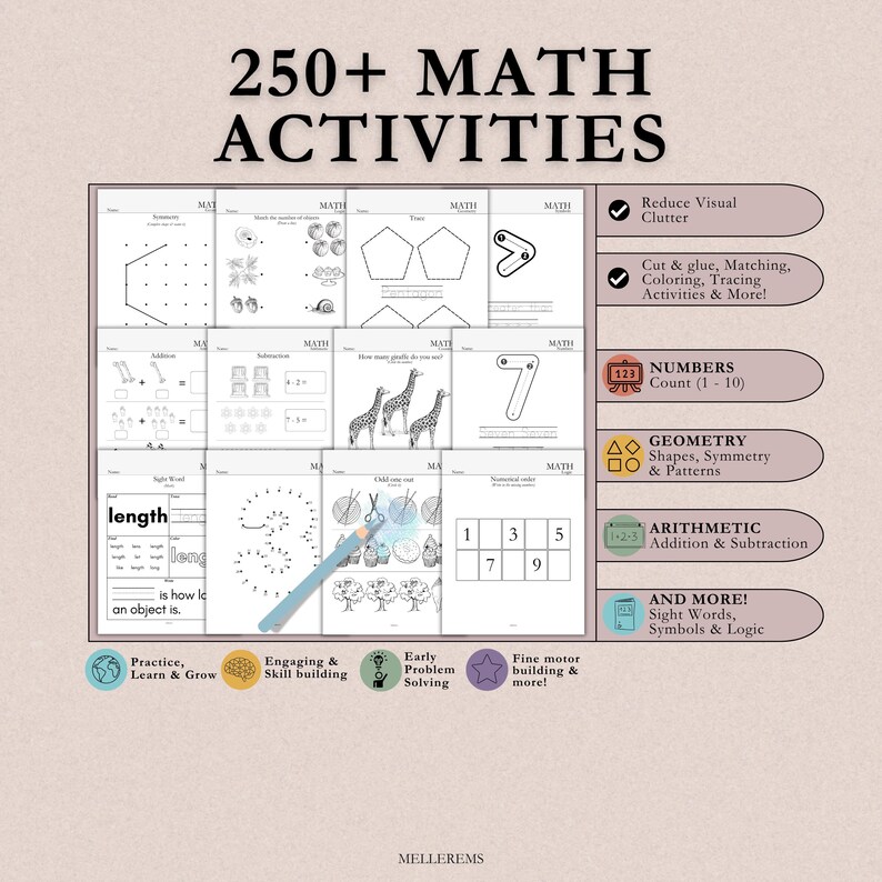 Pode incluir: Um recurso educacional bege com o texto "250+ MATH ACTIVITIES". A imagem mostra v&aacute;rias planilhas de matem&aacute;tica que cobrem n&uacute;meros, geometria e aritm&eacute;tica. Inclui atividades para cortar, combinar e tra&ccedil;ar, com &iacute;cones para o desenvolvimento de habilidades.
