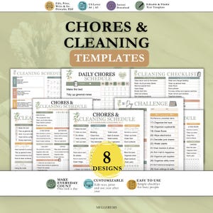 Könnte beinhalten: Eine Sammlung von acht druckbaren Vorlagen für Hausarbeit und Reinigung, einschließlich Tagesplänen, Checklisten und einer 30-Tage-Challenge. Die Dokumente enthalten Textüberschriften wie CHORES & CLEANING TEMPLATES, 8 DESIGNS und Aufgabenlisten.