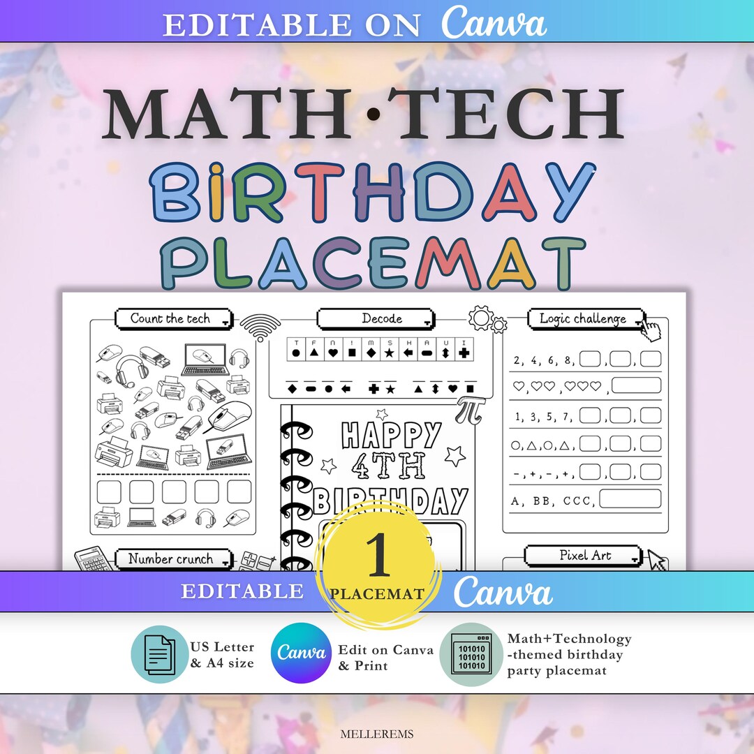 EDITABLE Math Birthday Placemat, Science Party Activity Canva Template ...