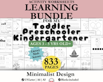Schede di lavoro per bambini piccoli / SET COMPLETO / Programma prescolare per l'istruzione domiciliare, pacchetto di apprendimento per la scuola materna e l'asilo / Attività di matematica e scienze per l'alfabeto