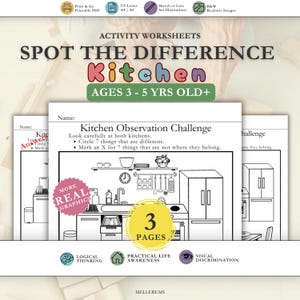 May include: A set of three printable activity worksheets titled Spot the Difference Kitchen for ages 3-5. The black and white pages feature a kitchen scene with a sink, stove, and refrigerator, including instructions to circle differences and mark items.