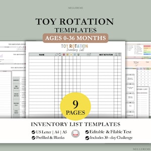 Pu&ograve; includere: Set di modelli di rotazione dei giocattoli stampabili con il testo "Toy Rotation Templates Ages 0-36 Months". I modelli includono un elenco di inventario e una sfida di 30 giorni. Disponibili nei formati US Letter, A4 e A5.
