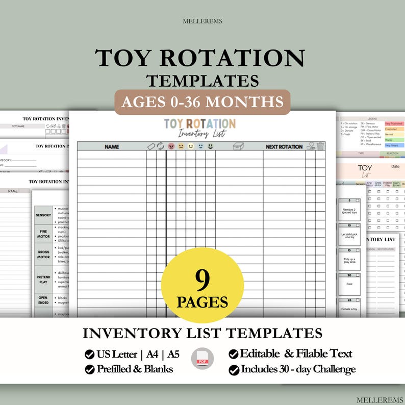 Pu&ograve; includere: Set di modelli di rotazione dei giocattoli stampabili con il testo "Toy Rotation Templates Ages 0-36 Months". I modelli includono un elenco di inventario e una sfida di 30 giorni. Disponibili nei formati US Letter, A4 e A5.