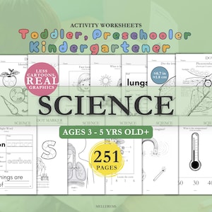 Op de afbeelding: Een verzameling wetenschappelijke werkbladen voor peuters, kleuters en kleuterschoolkinderen. De pagina's bevatten zwart-witillustraties, diagrammen van longen en planten, en de tekst 'SCIENCE', '251 PAGES' en 'AGES 3 - 5 YRS OLD+'.