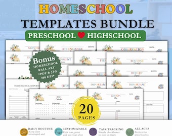 EDITABLE Homeschool Planner + Wall Art, ADHD homeschool Monthly Lesson, After School Chores, Kid daily Checklist, Student School Day Routine