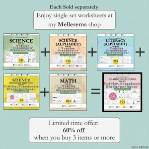 May include: A collection of educational activity worksheets for toddlers, preschoolers, and kindergarteners. The set includes Science, Science Alphabet, Literacy Alphabet, Science Summer Edition, and Math, totaling 974 pages in a bundle.