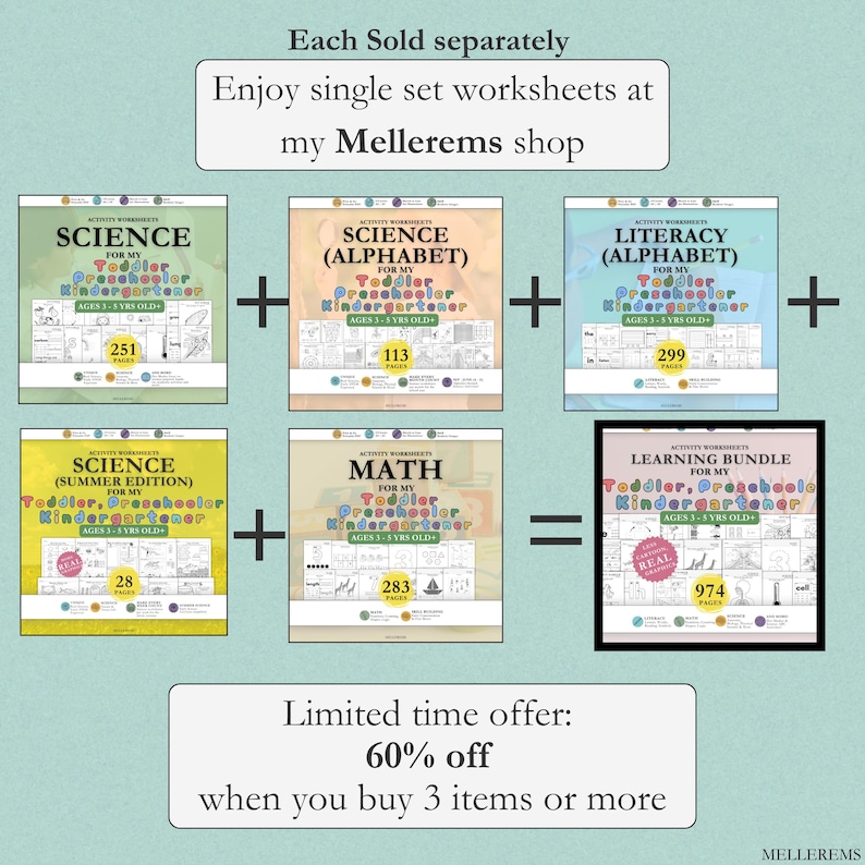 May include: A collection of educational activity worksheets for toddlers, preschoolers, and kindergarteners. The set includes Science, Science Alphabet, Literacy Alphabet, Science Summer Edition, and Math, totaling 974 pages in a bundle.