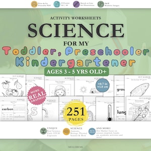 Può includere: Una copertina di prodotto digitale per schede didattiche di scienze per bambini piccoli, in età prescolare e dell'asilo dai 3 ai 5 anni in su. Il set di 251 pagine include pagine con punti da marcare e illustrazioni di anatomia.