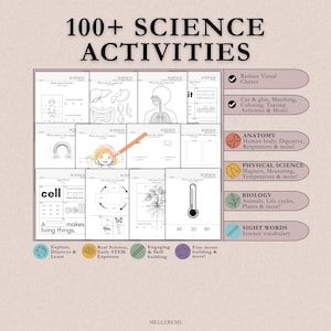Pode incluir: Um livro de atividades educativas bege com o t&iacute;tulo "100+ SCIENCE ACTIVITIES". O livro apresenta v&aacute;rias ilustra&ccedil;&otilde;es e diagramas relacionados com a ci&ecirc;ncia, incluindo anatomia, biologia e palavras visuais. Inclui atividades para cortar, combinar e colorir.