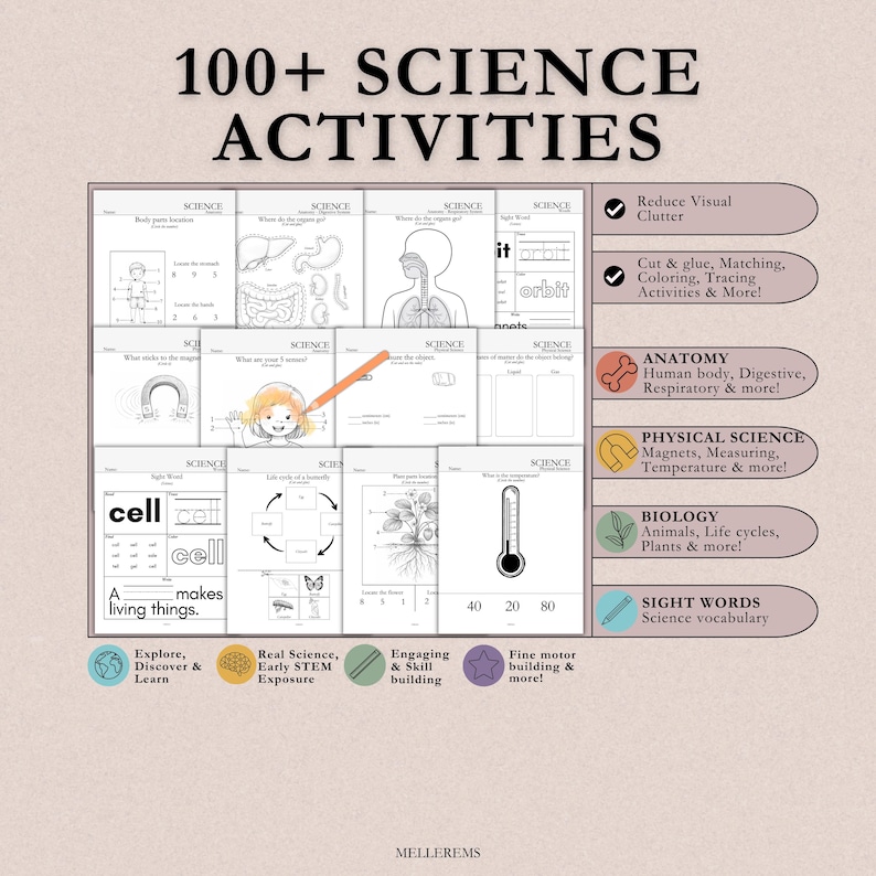 Pode incluir: Um livro de atividades educativas bege com o t&iacute;tulo "100+ SCIENCE ACTIVITIES". O livro apresenta v&aacute;rias ilustra&ccedil;&otilde;es e diagramas relacionados com a ci&ecirc;ncia, incluindo anatomia, biologia e palavras visuais. Inclui atividades para cortar, combinar e colorir.