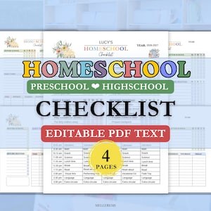 May include: A four-page printable homeschool checklist document featuring floral illustrations, the text Lucy's Homeschool Checklist, Preschool to Highschool, and Editable PDF Text. The layout includes columns for daily tasks, before school, and after school routines.