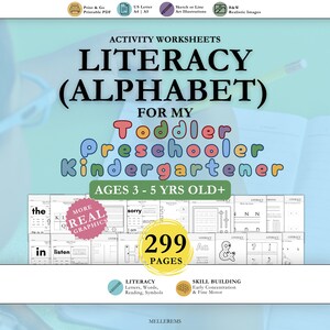 May include: Literacy activity worksheets for toddlers, preschoolers, and kindergartners. The cover features the title "Literacy (Alphabet)" in large, colorful letters. The worksheets are for ages 3-5 and include 299 pages. Includes skill-building activities.