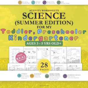 May include: A digital activity worksheet set titled Science Summer Edition for toddlers, preschoolers, and kindergartners ages 3-5 years old. The yellow cover features 28 pages of black and white science-themed printables with real graphics.