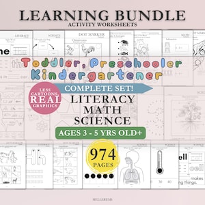 Op de afbeelding: Een leerbundel met 974 werkbladen voor peuters, kleuters en kleuterschoolkinderen. De set bevat pagina's voor geletterdheid, wiskunde en wetenschap met echte afbeeldingen, dot marker-activiteiten en diagrammen over onderwerpen zoals biologie.