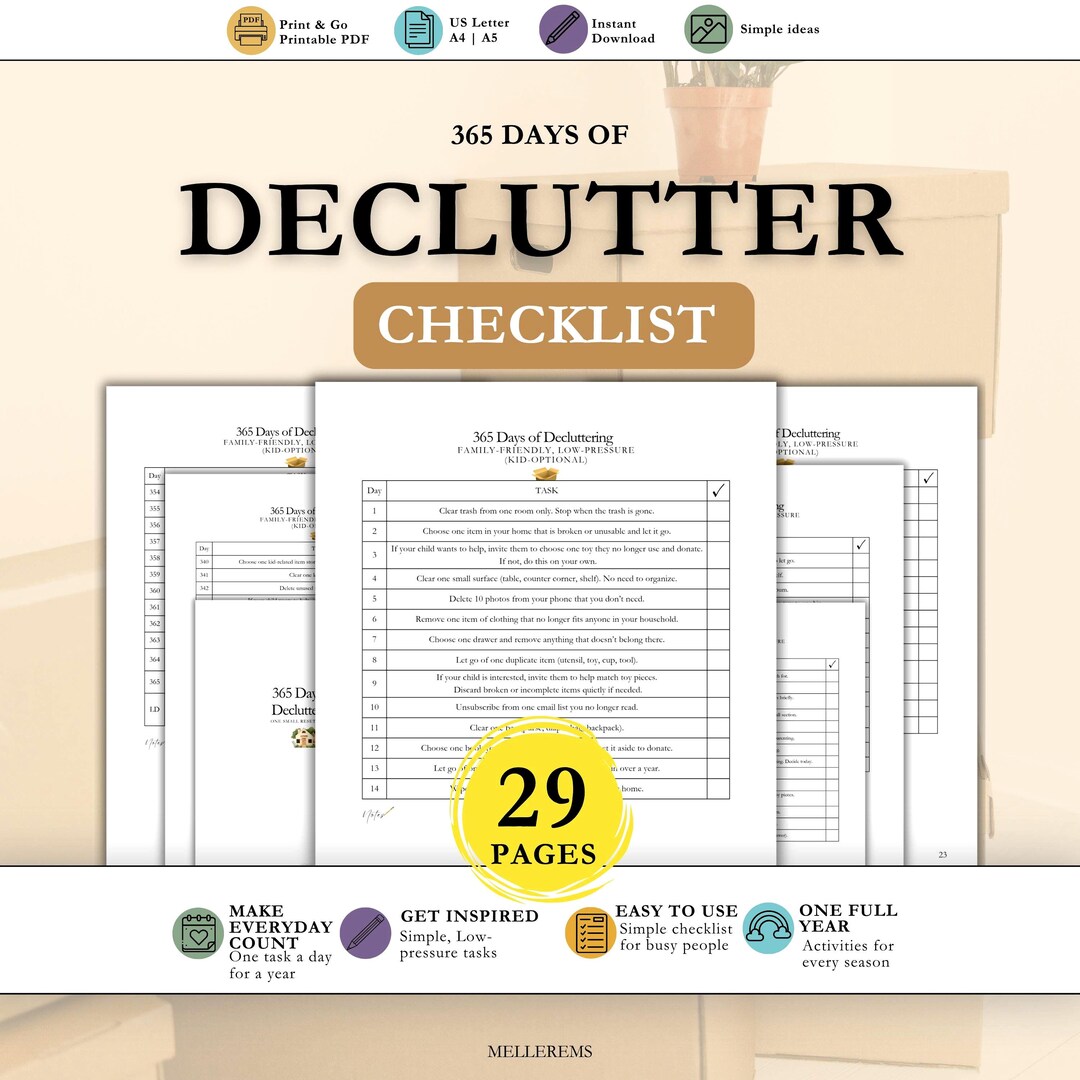 365 Days of Decluttering Checklist Guide | ADHD Home Organization Schedule | Simple Low-pressure ...