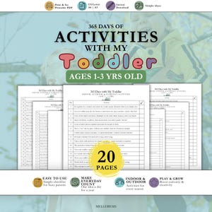 Puede incluir: Un documento digital imprimible titulado 365 Days of Activities with My Toddler Ages 1-3 Yrs Old. Las páginas muestran una lista numerada de actividades diarias para padres y niños pequeños, con un círculo amarillo que indica 20 Pages.
