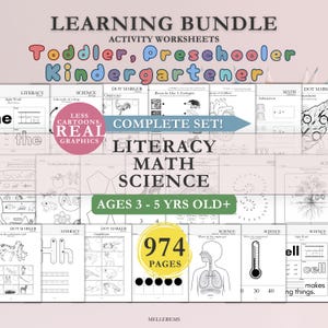 May include: A learning bundle of 974 activity worksheets for toddlers, preschoolers, and kindergarteners. The set includes literacy, math, and science pages featuring black and white illustrations, dot marker activities, and educational diagrams.