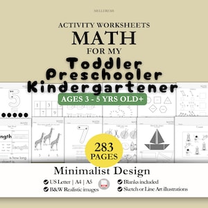 Matematikaktivitetsblad för småbarn | Förskolelärandepaket siffror former logik | Hemundervisning matematik dagis minimalistisk svartvitt utskrivbar PDF