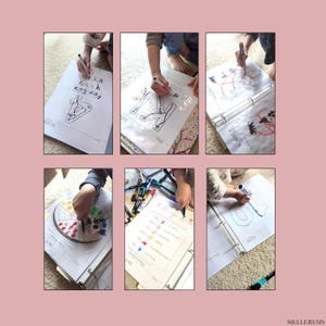 Pode incluir: Uma cole&ccedil;&atilde;o de folhas de trabalho educacionais em uma pasta, com atividades de matem&aacute;tica, ci&ecirc;ncias e alfabetiza&ccedil;&atilde;o. As folhas de trabalho est&atilde;o sendo coloridas com marcadores coloridos. A imagem &eacute; uma colagem de seis imagens diferentes.