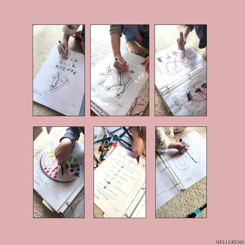 Pode incluir: Uma cole&ccedil;&atilde;o de folhas de trabalho educacionais em uma pasta, com atividades de matem&aacute;tica, ci&ecirc;ncias e alfabetiza&ccedil;&atilde;o. As folhas de trabalho est&atilde;o sendo coloridas com marcadores coloridos. A imagem &eacute; uma colagem de seis imagens diferentes.