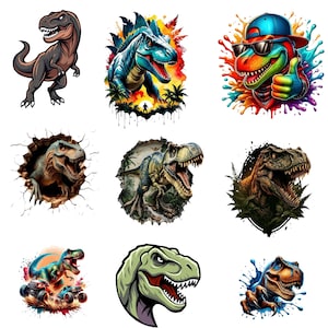 Może przedstawiać: Kolekcja dziewięciu różnych ilustracji dinozaurów z różnymi wzorami T-Rexa. Obrazy obejmują kreskówkowego T-Rexa, scenę tropikalną, dinozaura w okularach przeciwsłonecznych i czapce, dinozaury przebijające się przez ściany oraz artystyczne plamy koloru.