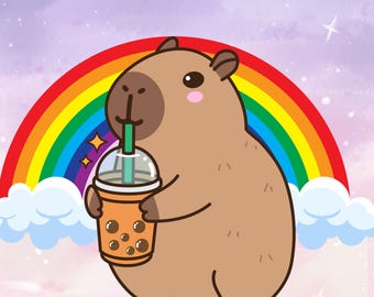 May include: A cartoon capybara drinks boba tea in front of a rainbow. The capybara is brown with a light brown face and a pink cheek. The boba tea is in a clear cup with an orange drink and brown boba balls. The background is a purple sky with white clouds.